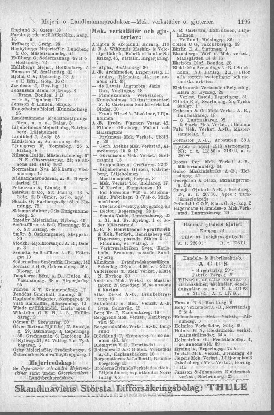 A Wiklunds Maskin- '& Velo-, Ebrlin E,.A, Sigtullag. 1 & Co, MlIstersamuelsg. 41 cipedfabrik, Fabrik o. kontor S:t Ekensbergs. Varf o. Mek. verkst., Hallberg G, Sijdermannag. ~7 B o: Eriksg.