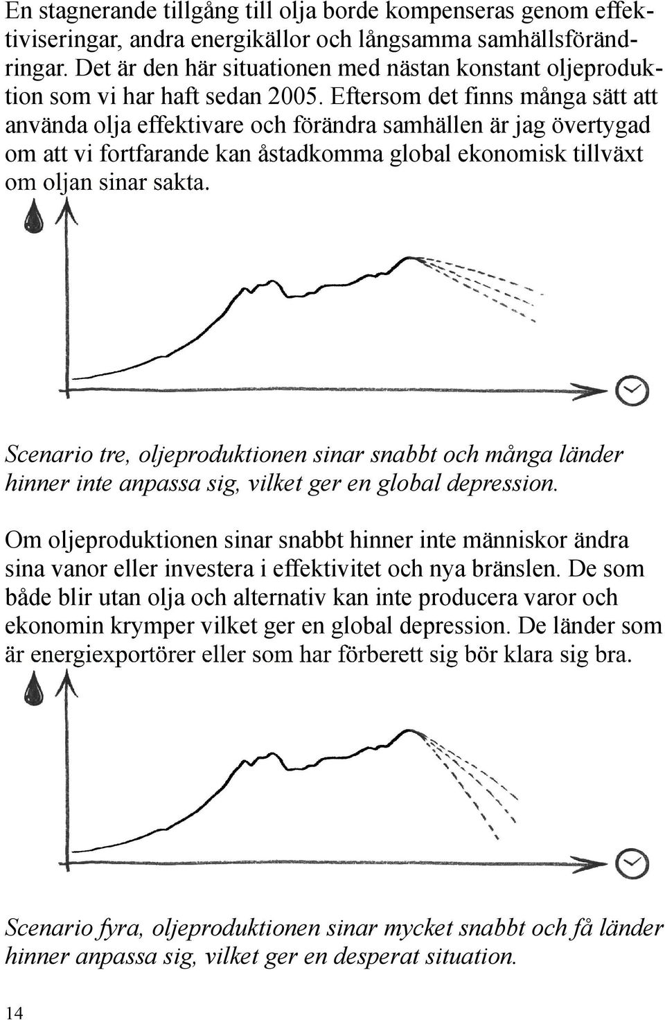 Eftersom det finns många sätt att använda olja effektivare och förändra samhällen är jag övertygad om att vi fortfarande kan åstadkomma global ekonomisk tillväxt Scenario tre, oljeproduktionen sinar