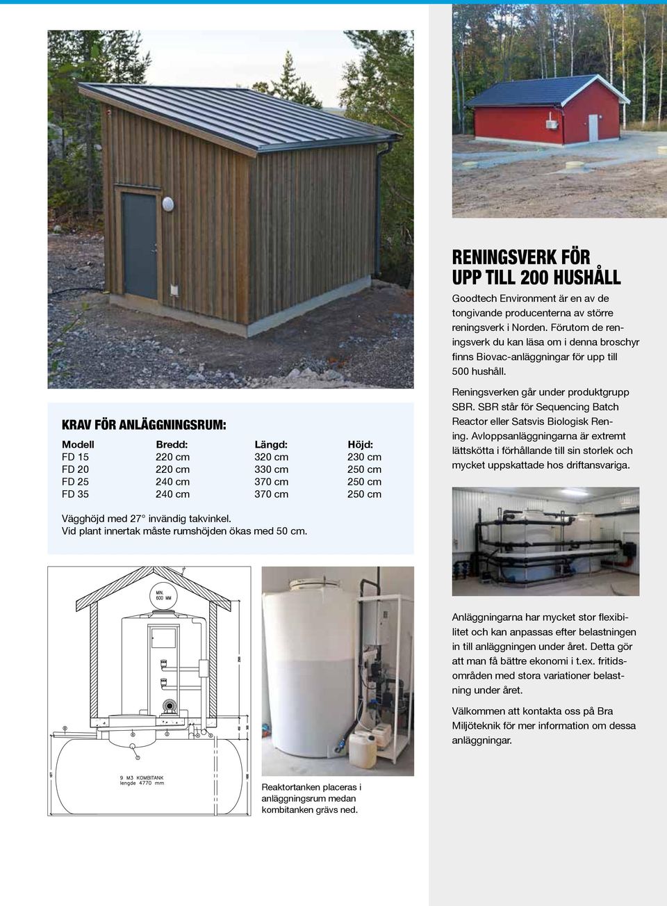 Krav för anläggningsrum: Modell Bredd: Längd: Höjd: FD 15 220 cm 320 cm 230 cm FD 20 220 cm 330 cm 250 cm FD 25 240 cm 370 cm 250 cm FD 35 240 cm 370 cm 250 cm Reningsverken går under produktgrupp