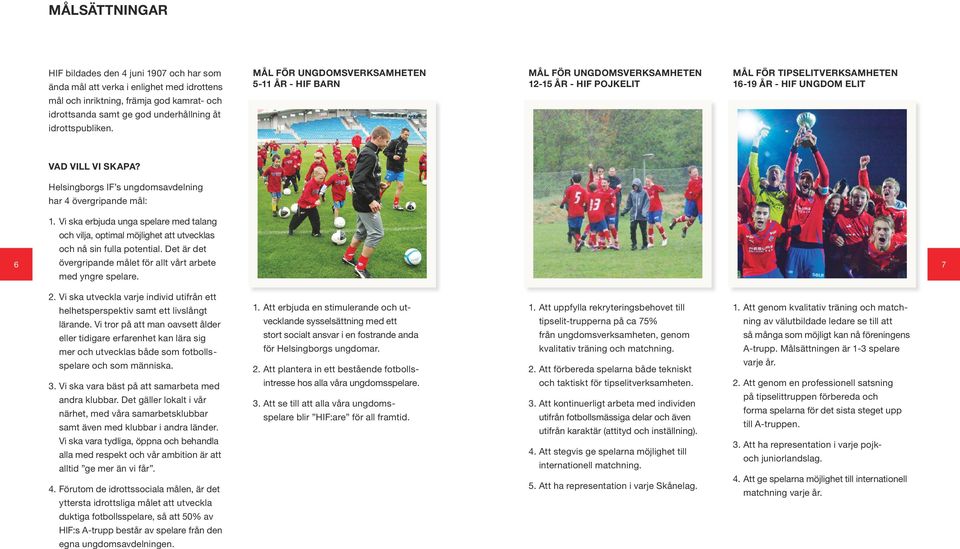 Helsingborgs IF s ungdomsavdelning har 4 övergripande mål: 6 1. Vi ska erbjuda unga spelare med talang och vilja, optimal möjlighet att utvecklas och nå sin fulla potential.