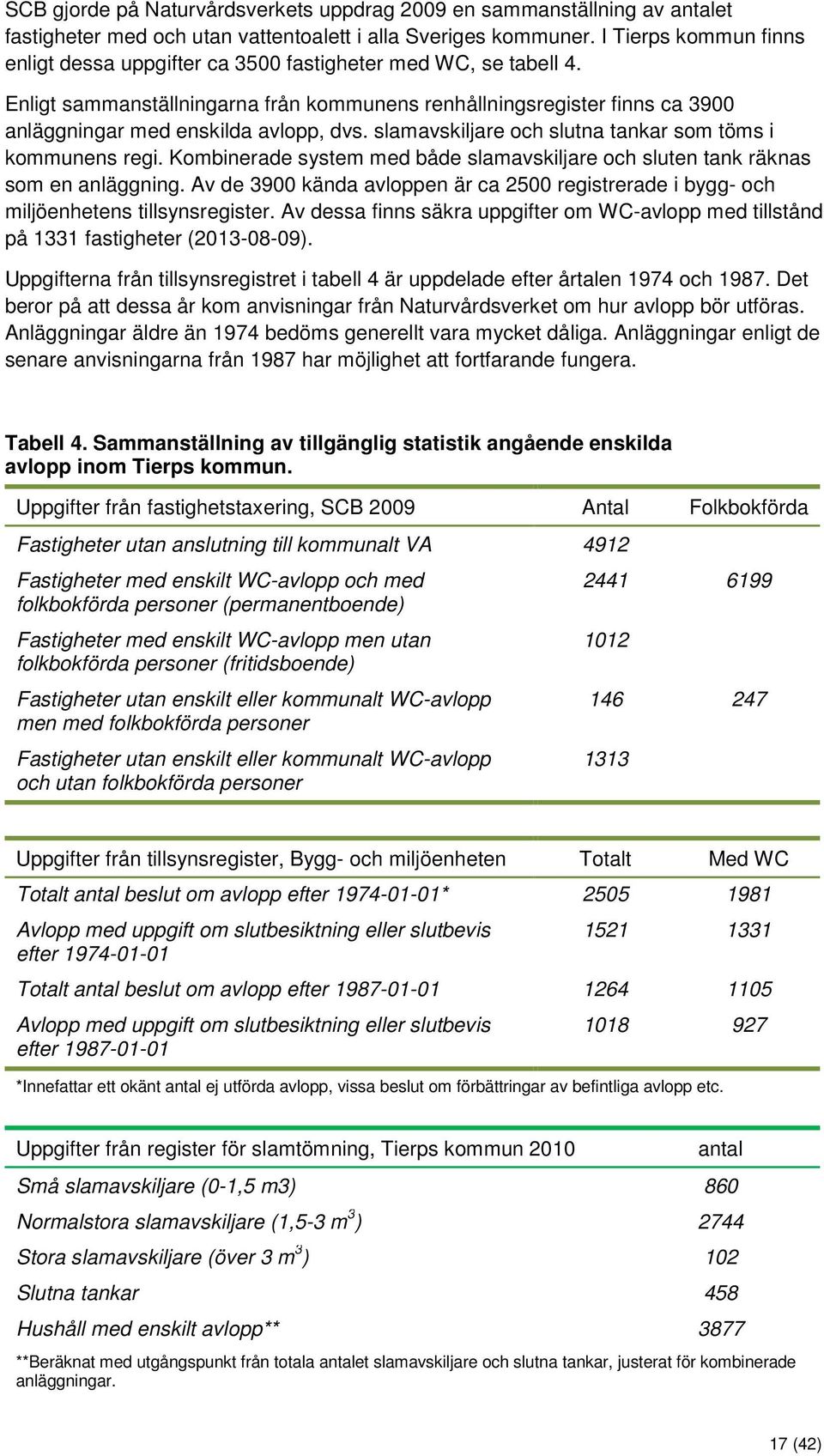 Enligt sammanställningarna från kommunens renhållningsregister finns ca 3900 anläggningar med enskilda avlopp, dvs. slamavskiljare och slutna tankar som töms i kommunens regi.