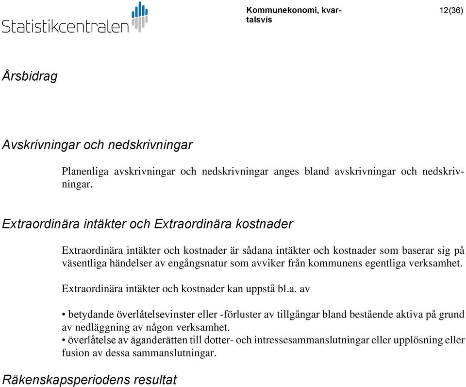 som avviker från kommunens egentliga verksamhet. Extraordinära intäkter och kostnader kan uppstå bl.a. av betydande överlåtelsevinster eller -förluster av tillgångar bland bestående aktiva på grund av nedläggning av någon verksamhet.