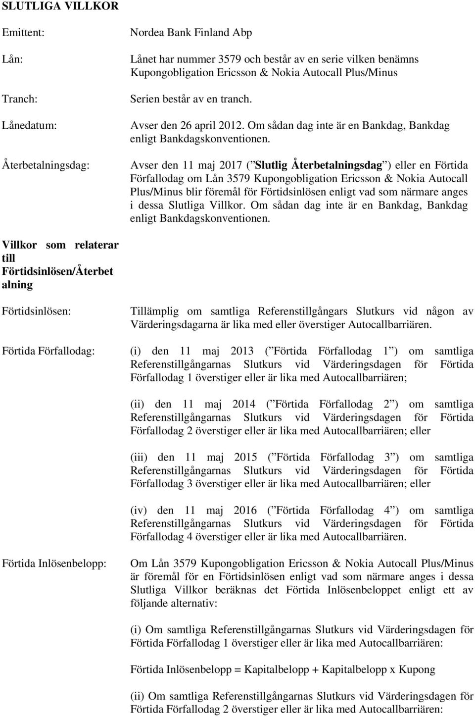 Avser den 11 maj 2017 ( Slutlig Återbetalningsdag ) eller en Förtida Förfallodag om Lån 3579 Kupongobligation Ericsson & Nokia Autocall Plus/Minus blir föremål för Förtidsinlösen enligt vad som