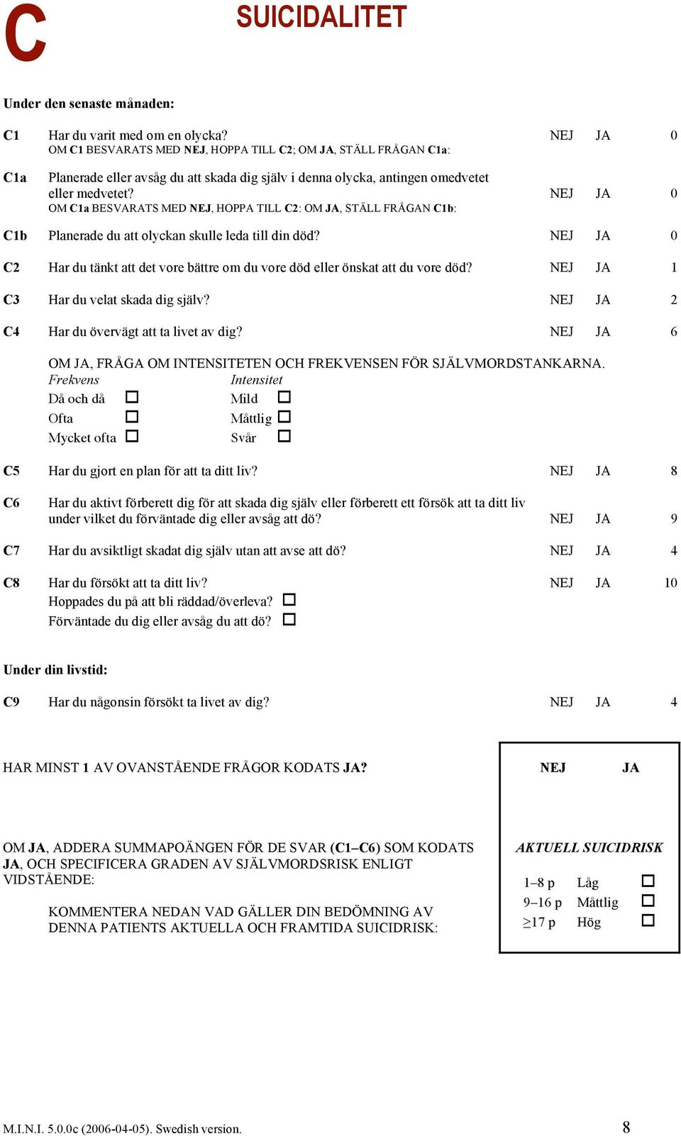 0 OM C1a BESVARATS MED, HOPPA TILL C2: OM, STÄLL FRÅGAN C1b: C1b Planerade du att olyckan skulle leda till din död? 0 C2 Har du tänkt att det vore bättre om du vore död eller önskat att du vore död?