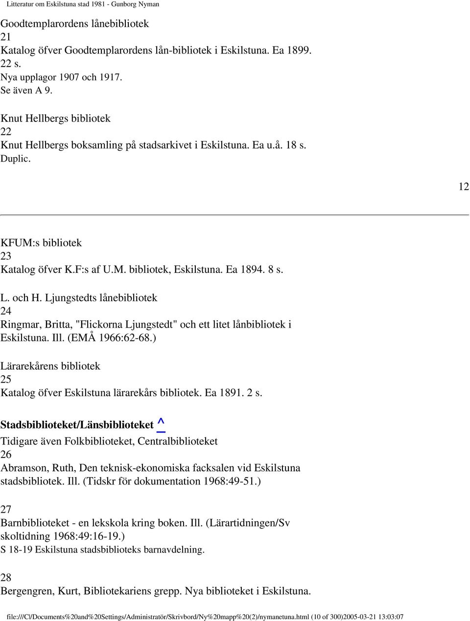 och H. Ljungstedts lånebibliotek 24 Ringmar, Britta, "Flickorna Ljungstedt" och ett litet lånbibliotek i Eskilstuna. Ill. (EMÅ 1966:62-68.