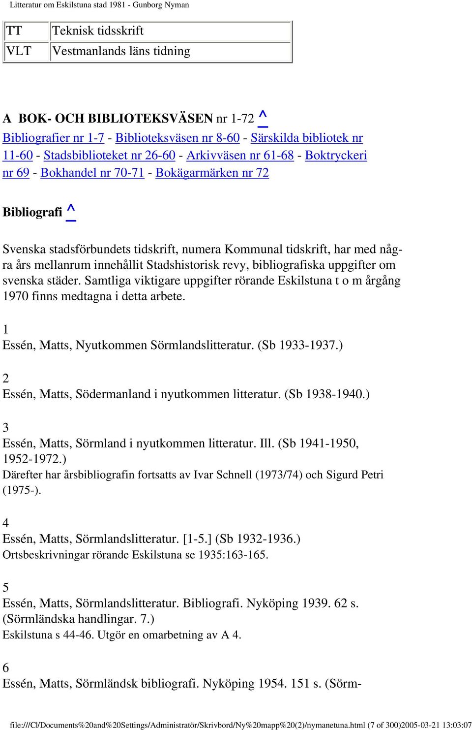 Stadshistorisk revy, bibliografiska uppgifter om svenska städer. Samtliga viktigare uppgifter rörande Eskilstuna t o m årgång 1970 finns medtagna i detta arbete.