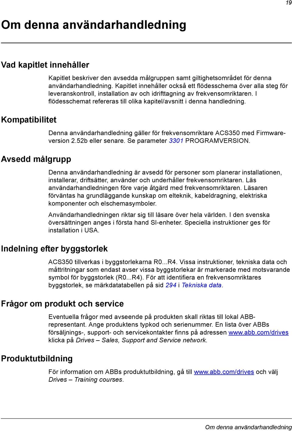 I flödesschemat refereras till olika kapitel/avsnitt i denna handledning. Denna användarhandledning gäller för frekvensomriktare ACS350 med Firmwareversion 2.52b eller senare.