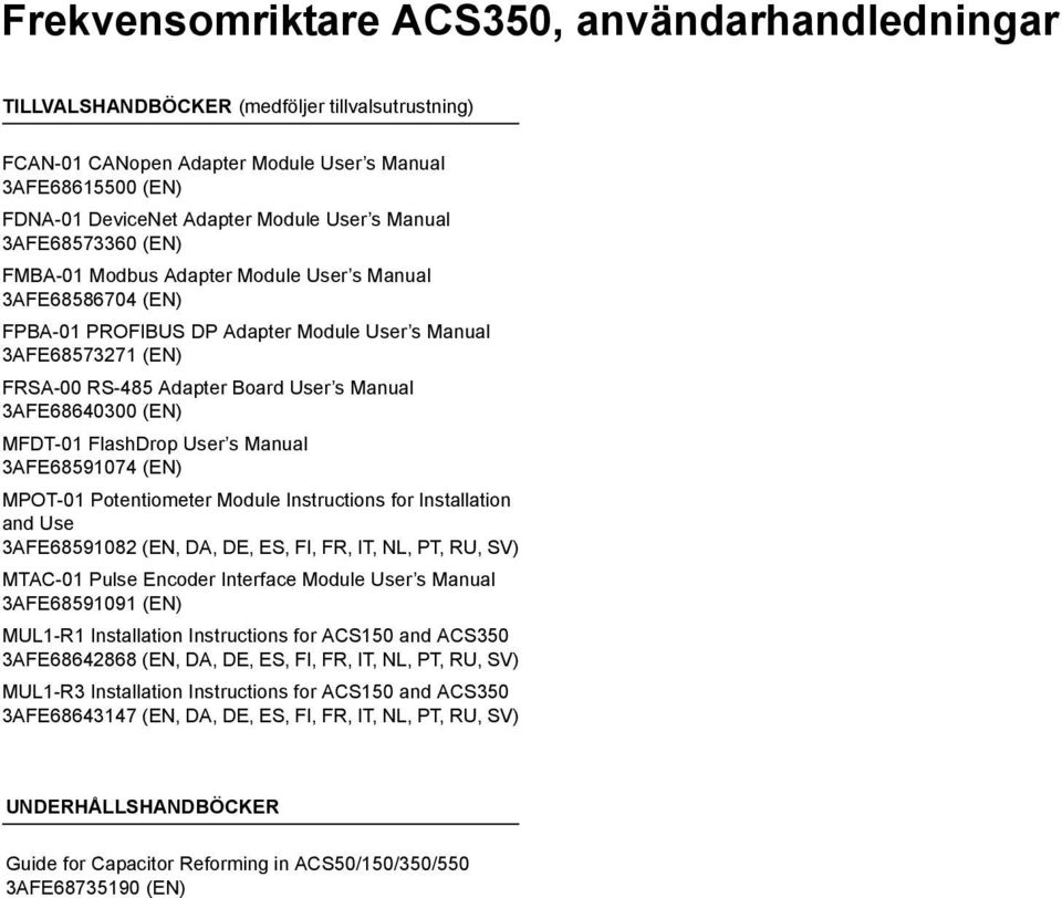 3AFE68640300 (EN) MFDT-01 FlashDrop User s Manual 3AFE68591074 (EN) MPOT-01 Potentiometer Module Instructions for Installation and Use 3AFE68591082 (EN, DA, DE, ES, FI, FR, IT, NL, PT, RU, SV)