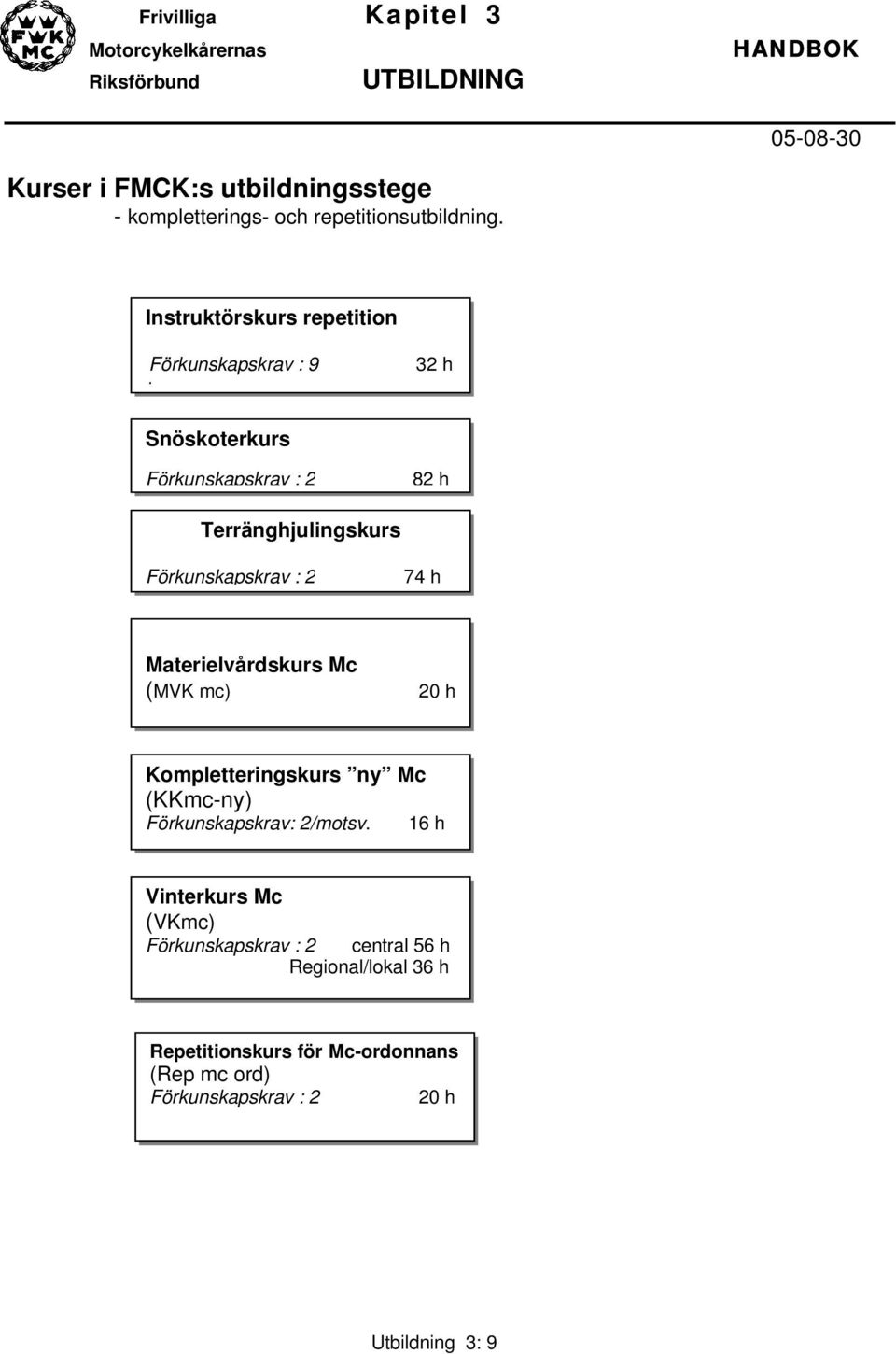 Förkunskapskrav : 2 74 h Materielvårdskurs Mc (MVK mc) 20 h Kompletteringskurs ny Mc (KKmc-ny) Förkunskapskrav: 2/motsv.