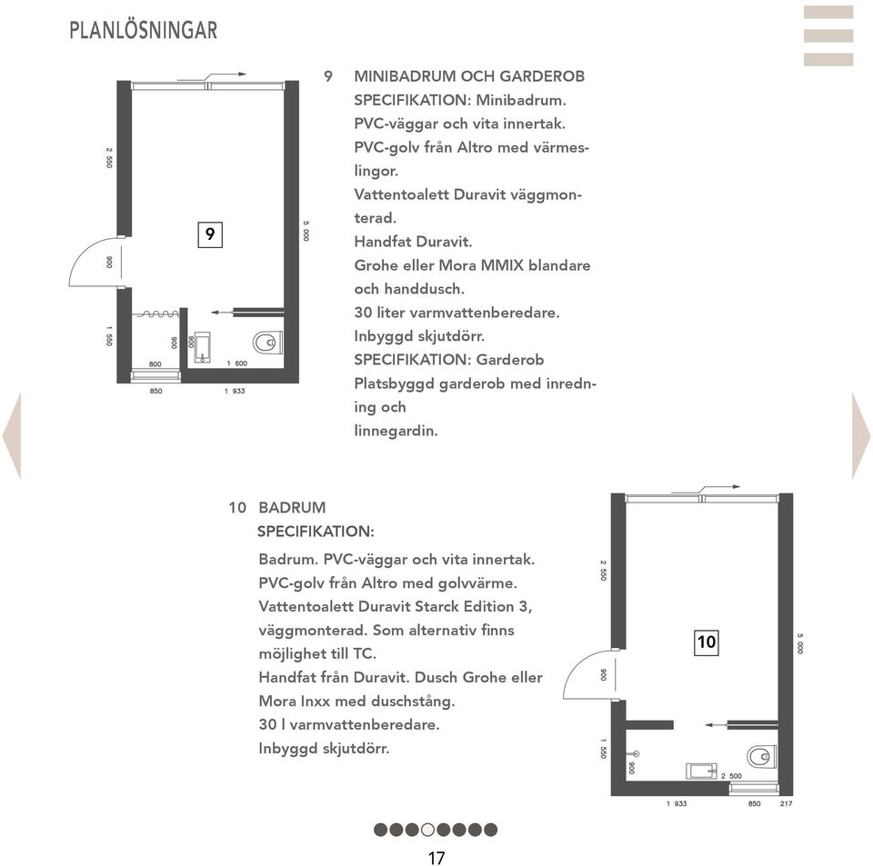 SPECIFIKATION: Garderob Platsbyggd garderob med inredning och linnegardin. 10 BADRUM SPECIFIKATION: Badrum. PVC-väggar och vita innertak.