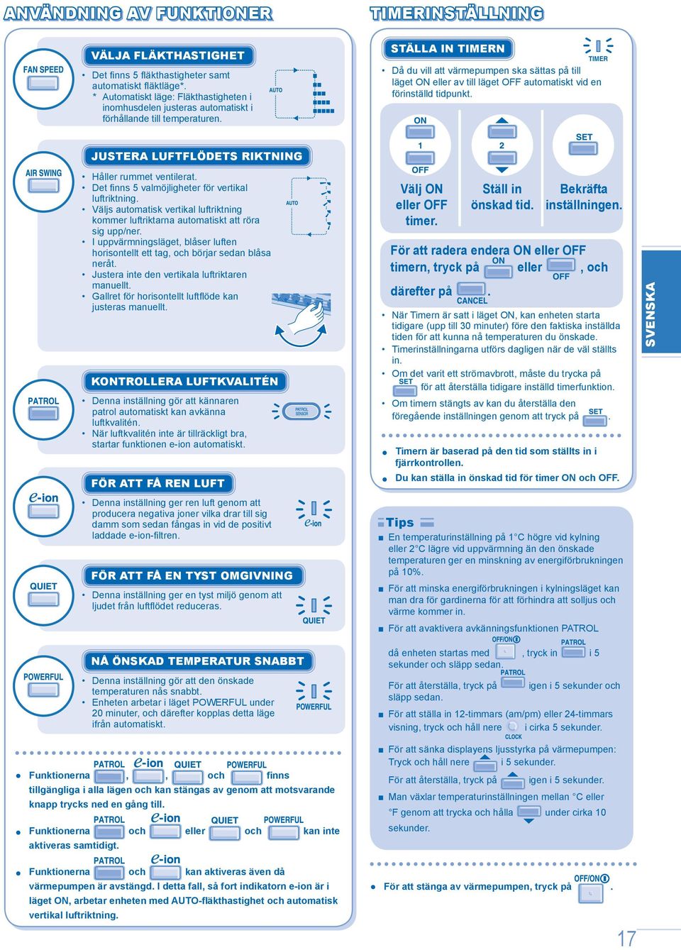 STÄLLA IN TIMERN Då du vill att värmepumpen ska sättas på till läget ON eller av till läget OFF automatiskt vid en förinställd tidpunkt. ENGLISH JUSTERA LUFTFLÖDETS RIKTNING Håller rummet ventilerat.