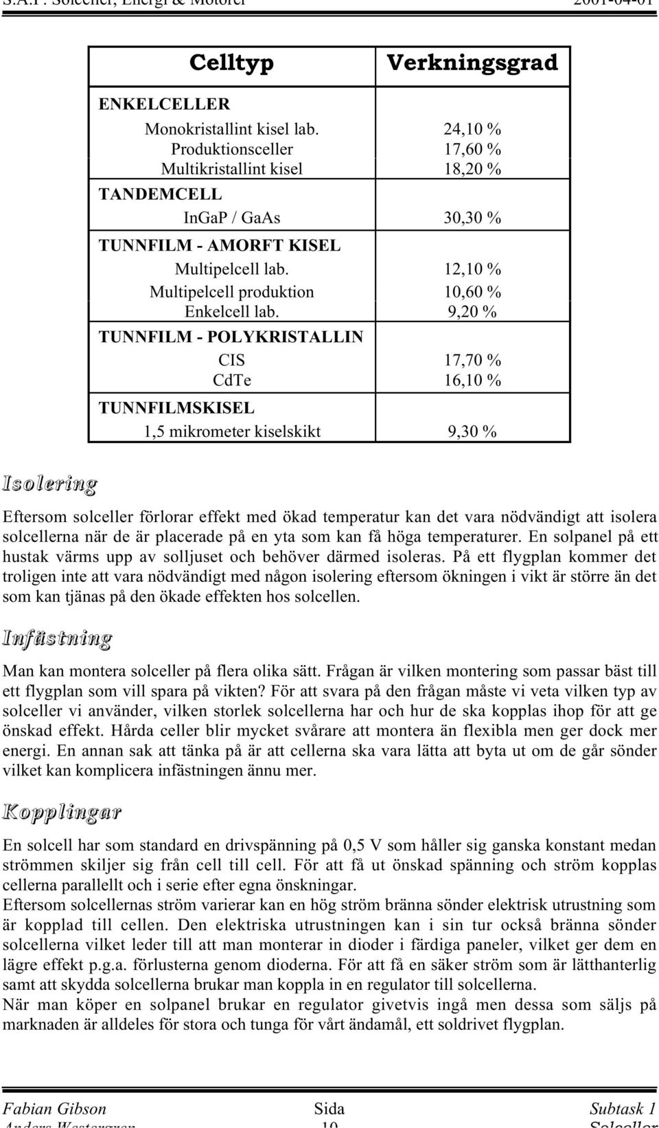 9,0 % TUNNFILM - POLYKRISTALLIN CIS 17,70 % CdTe 16,10 % TUNNFILMSKISEL 1,5 mikrometer kiselskikt 9,30 % Isolering Eftersom solceller förlorar effekt med ökad temperatur kan det vara nödvändigt att