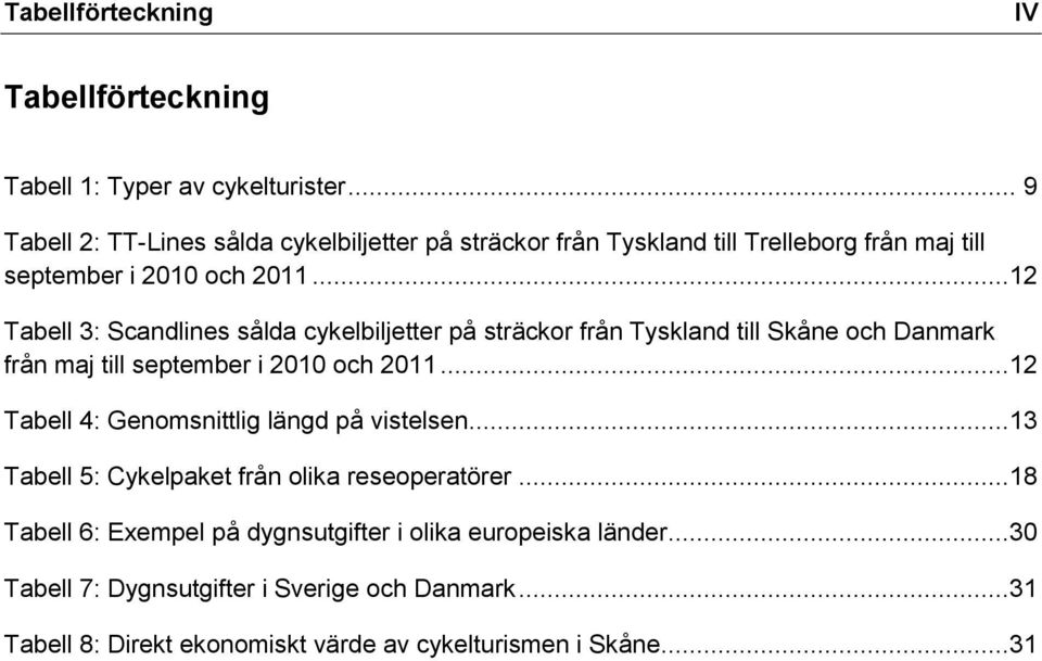 ..12 Tabell 3: Scandlines sålda cykelbiljetter på sträckor från Tyskland till Skåne och Danmark från maj till september i 2010 och 2011.