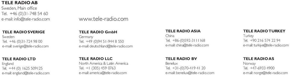 com TELE RADIO TURKEY Turkey Tel. +90 216 574 22 94 e-mail: turkiye@tele-radio.com TELE RADIO LTD England Tel. +44 (0) 1625 509125 e-mail: england@tele-radio.