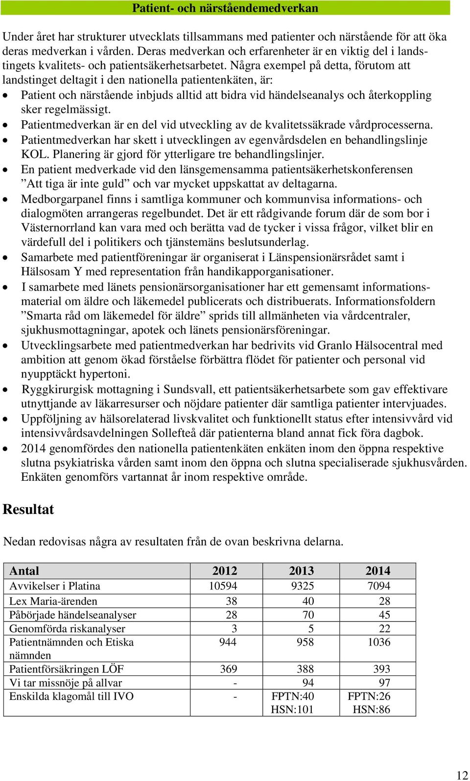 Några exempel på detta, förutom att landstinget deltagit i den nationella patientenkäten, är: Patient och närstående inbjuds alltid att bidra vid händelseanalys och återkoppling sker regelmässigt.