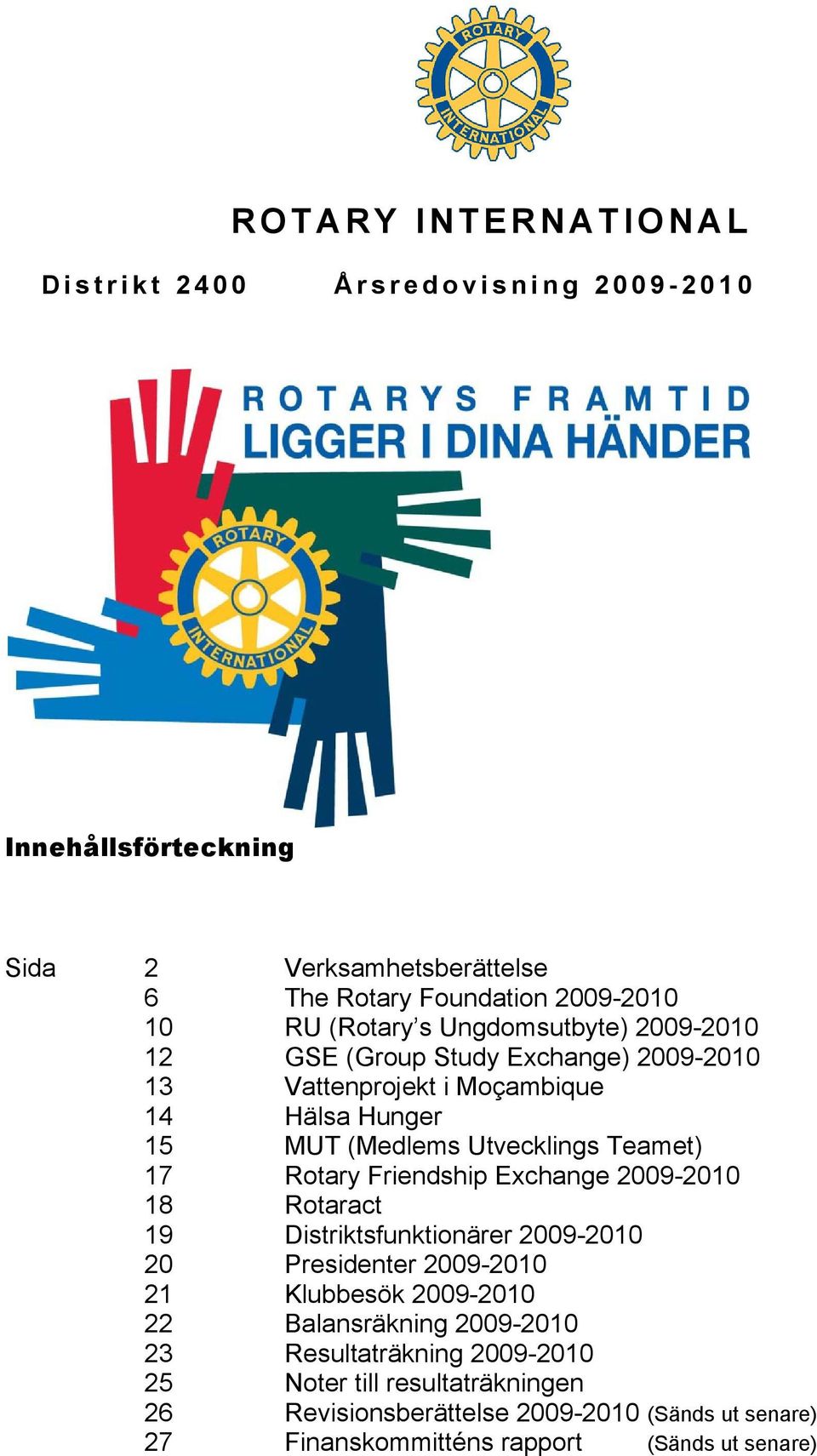 Rotary Friendship Exchange 2009-2010 18 Rotaract 19 Distriktsfunktionärer 2009-2010 20 Presidenter 2009-2010 21 Klubbesök 2009-2010 22 Balansräkning