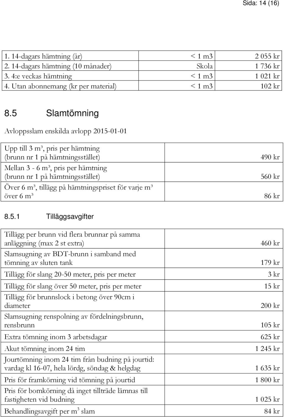 tillägg på hämtningspriset för varje m³ över 6 m³ 490 kr 56