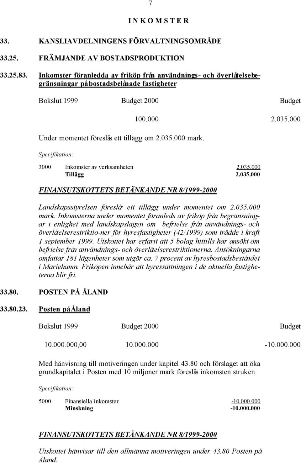 035.000 Tillägg 2.035.000 FINANSUTSKOTTETS BETÄNKANDE NR 8/1999-2000 Landskapsstyrelsen föreslår ett tillägg under momentet om 2.035.000 mark.