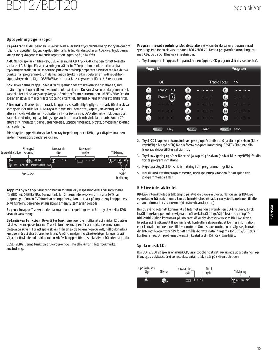 spelaren i A-B läge. Första tryckningen ställer in A repetition punkten; den andra tryckningen ställer in B repetition punkten och börjar repetera avsnittet mellan de två punkterna i programmet.