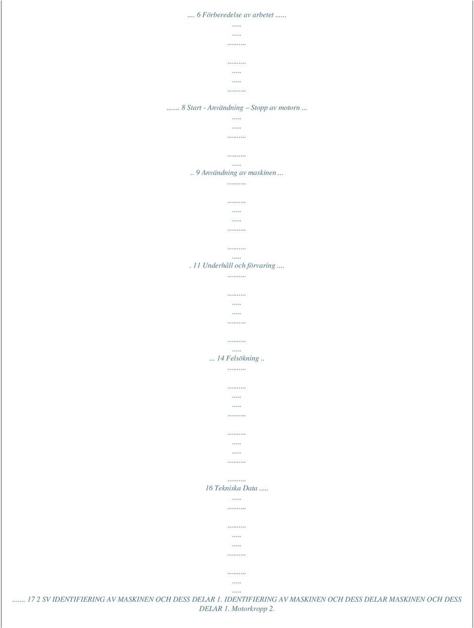. 16 Tekniska Data.. 17 2 SV IDENTIFIERING AV MASKINEN OCH DESS DELAR 1.