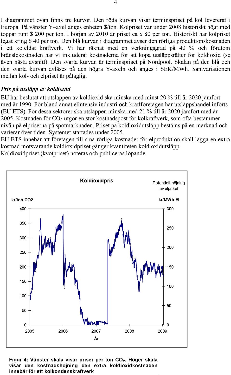 Den blå kurvan i diagrammet avser den rörliga produktionskostnaden i ett koleldat kraftverk.