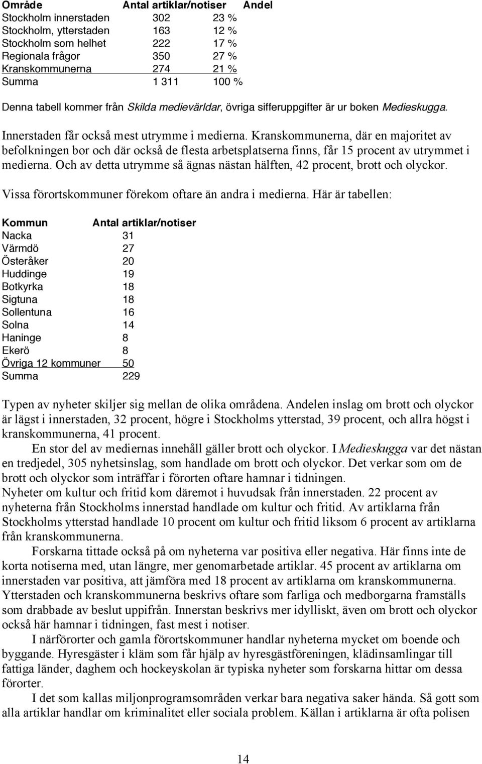 Kranskommunerna, där en majoritet av befolkningen bor och där också de flesta arbetsplatserna finns, får 15 procent av utrymmet i medierna.