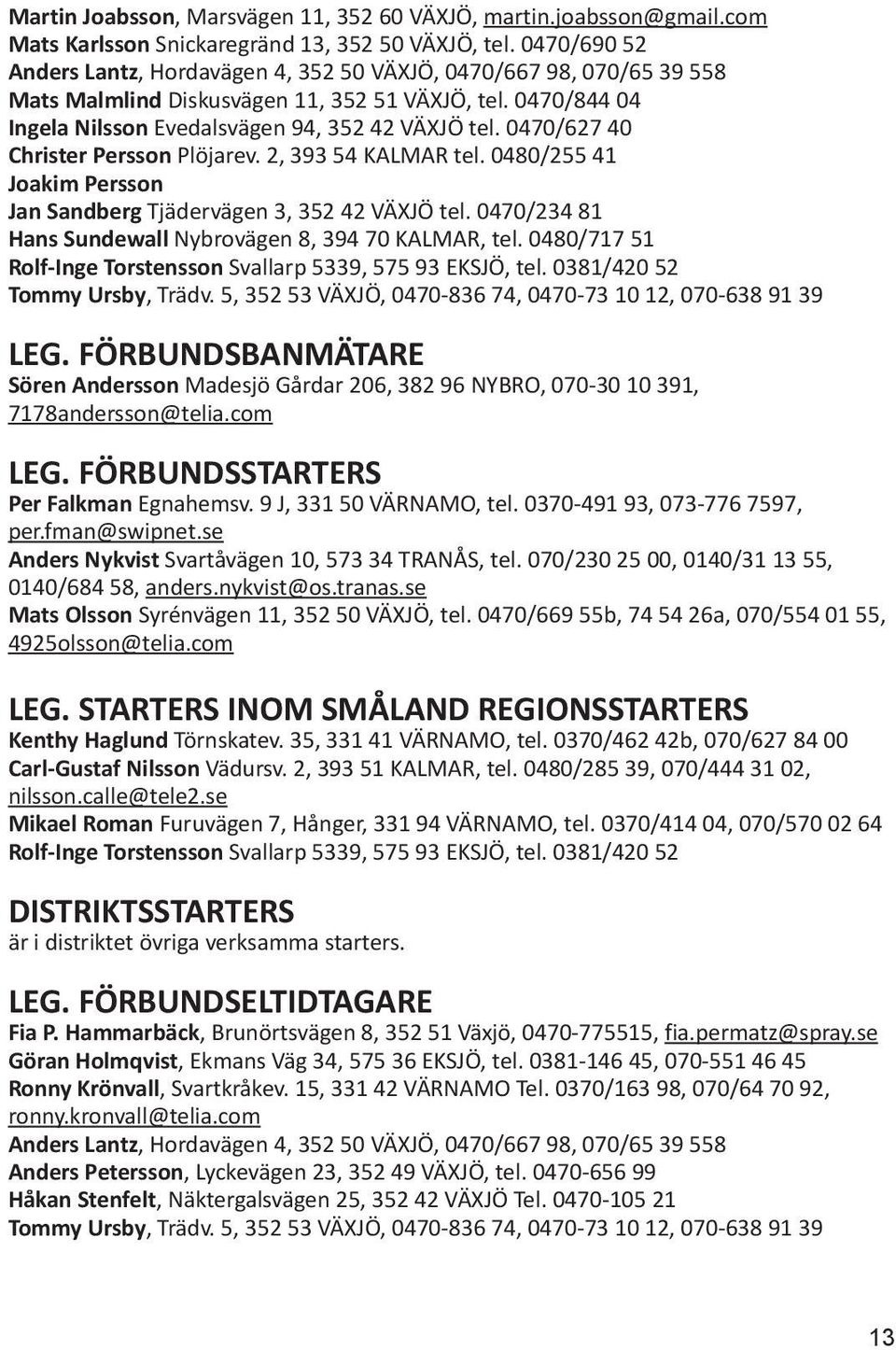 0470/627 40 Christer Persson Plöjarev. 2, 393 54 KALMAR tel. 0480/255 41 Joakim Persson Jan Sandberg Tjädervägen 3, 352 42 VÄXJÖ tel. 0470/234 81 Hans Sundewall Nybrovägen 8, 394 70 KALMAR, tel.