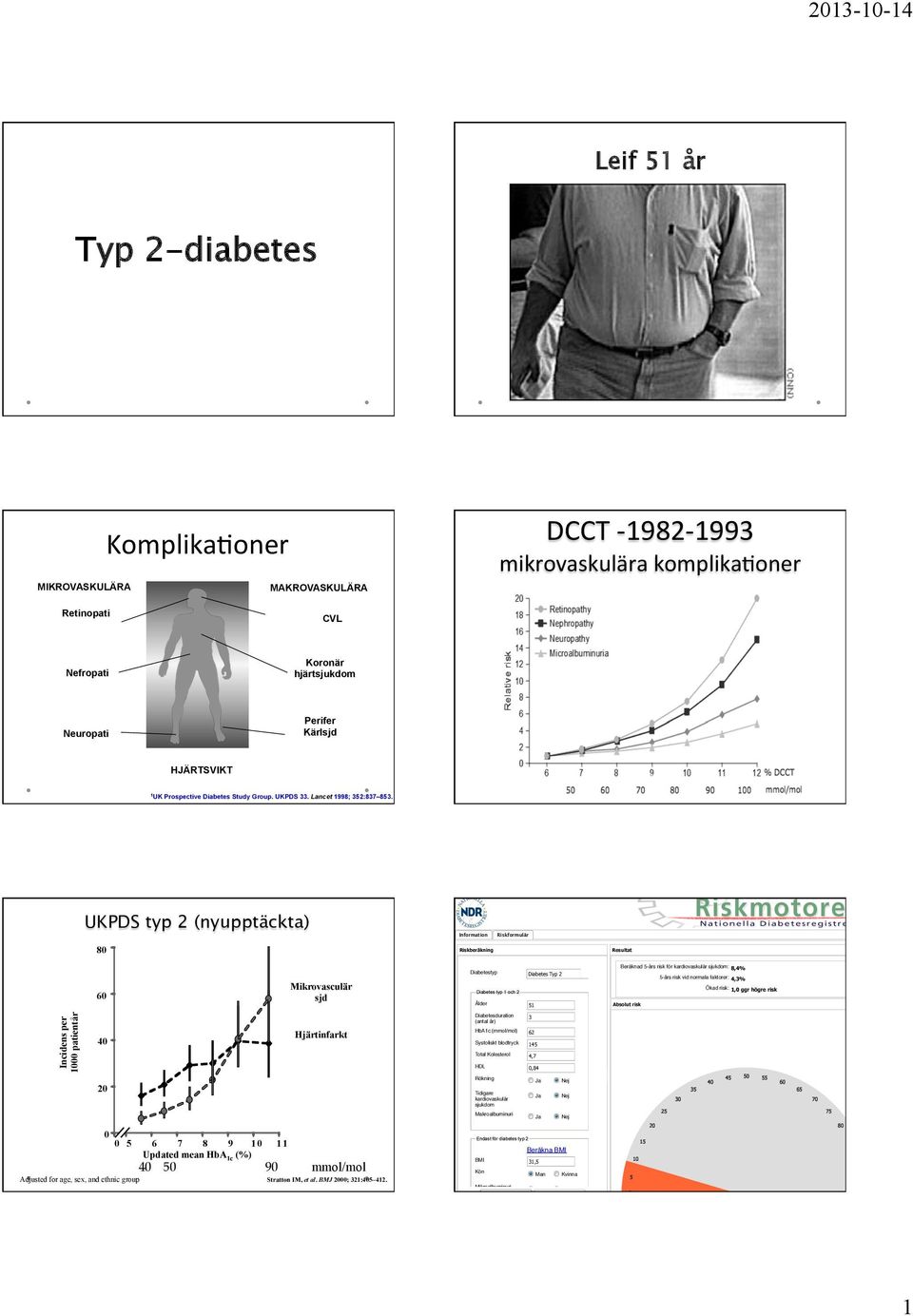 nu/risk/ UKPDS typ 2 (nyupptäckta) 80 Information Riskberäkning Riskformulär Resultat 60 Mikrovasculär sjd Diabetestyp Diabetes typ 1 och 2 Ålder Diabetes Typ 2 51 Beräknad 5-års risk för