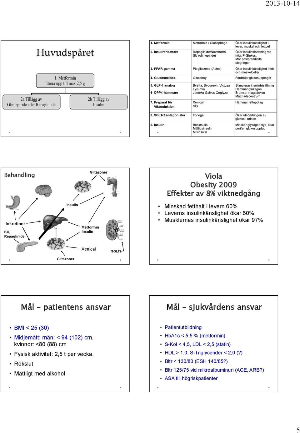 PPAR-gamma Pioglitazone (Actos) Ökar insulinkänslighet i fettoch muskelceller 4. Glukosoxidas- Glucobay Fördröjer glukosupptaget 5. GLP-1 analog 6- DPP4-hämmare 7.