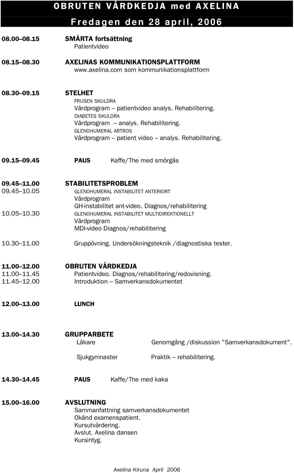 15 09.45 PAUS Kaffe/The med smörgås 09.45 11.00 STABILITETSPROBLEM 09.45 10.05 GLENOHUMERAL INSTABILITET ANTERIORT Vårdprogram GH-instabilitet ant-video. Diagnos/rehabilitering 10.05 10.