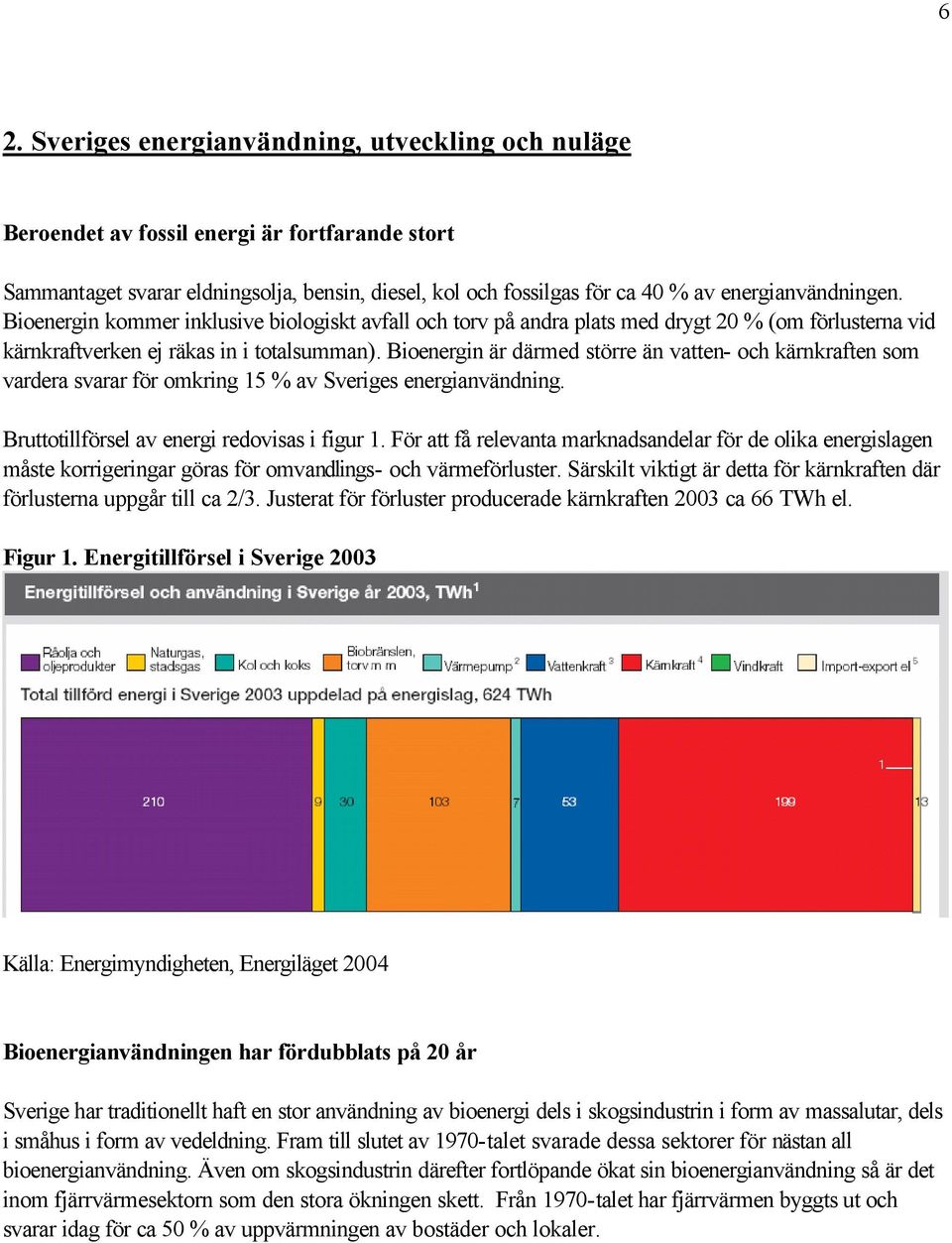 Bioenergin är därmed större än vatten- och kärnkraften som vardera svarar för omkring 15 % av Sveriges energianvändning. Bruttotillförsel av energi redovisas i figur 1.