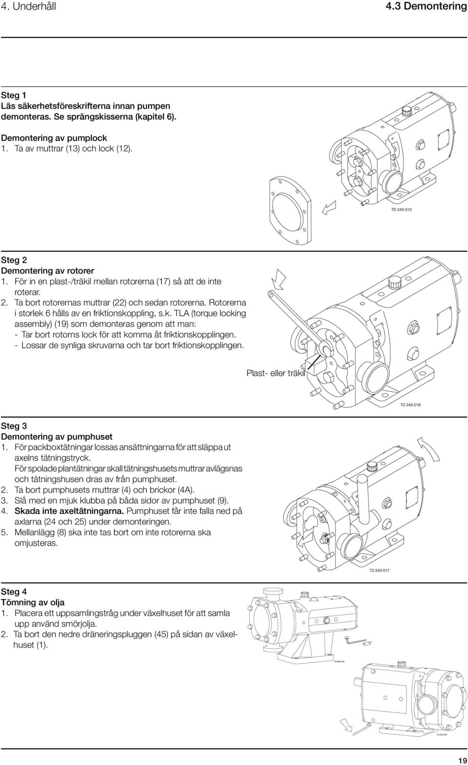 Rotorerna i storlek 6 hålls av en friktionskoppling, s.k. TLA (torque locking assembly) (19) som demonteras genom att man: - Tar bort rotorns lock för att komma åt friktionskopplingen.