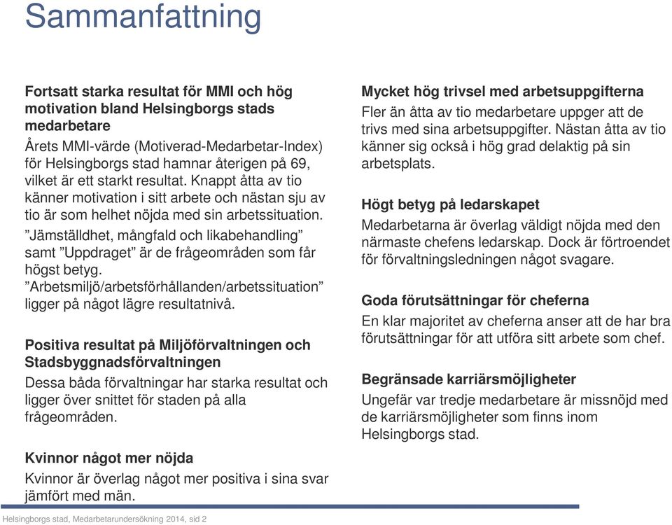 Jämställdhet, mångfald och likabehandling samt Uppdraget är de frågeområden som får högst betyg. Arbetsmiljö/arbetsförhållanden/arbetssituation ligger på något lägre resultatnivå.