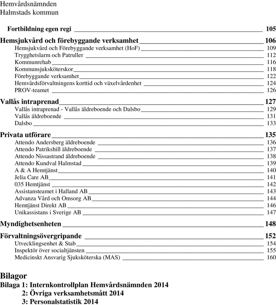 Dalsbo 133 Privata utförare 135 Attendo Andersberg äldreboende 136 Attendo Patrikshill äldreboende 137 Attendo Nissastrand äldreboende 138 Attendo Kundval Halmstad 139 A & A Hemtjänst 140 Jelia Care