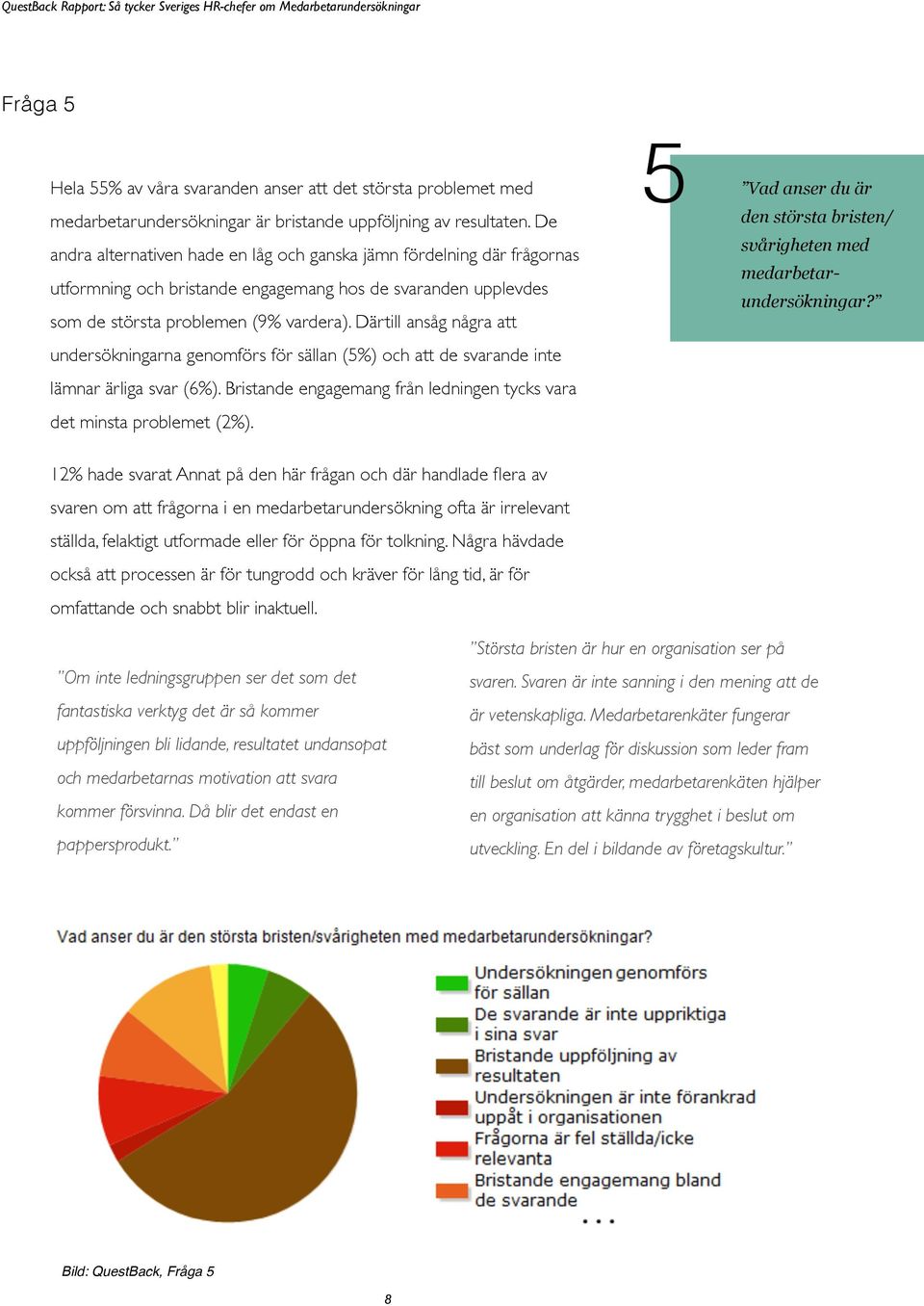 Därtill ansåg några att undersökningarna genomförs för sällan (5%) och att de svarande inte lämnar ärliga svar (6%). Bristande engagemang från ledningen tycks vara det minsta problemet (2%).