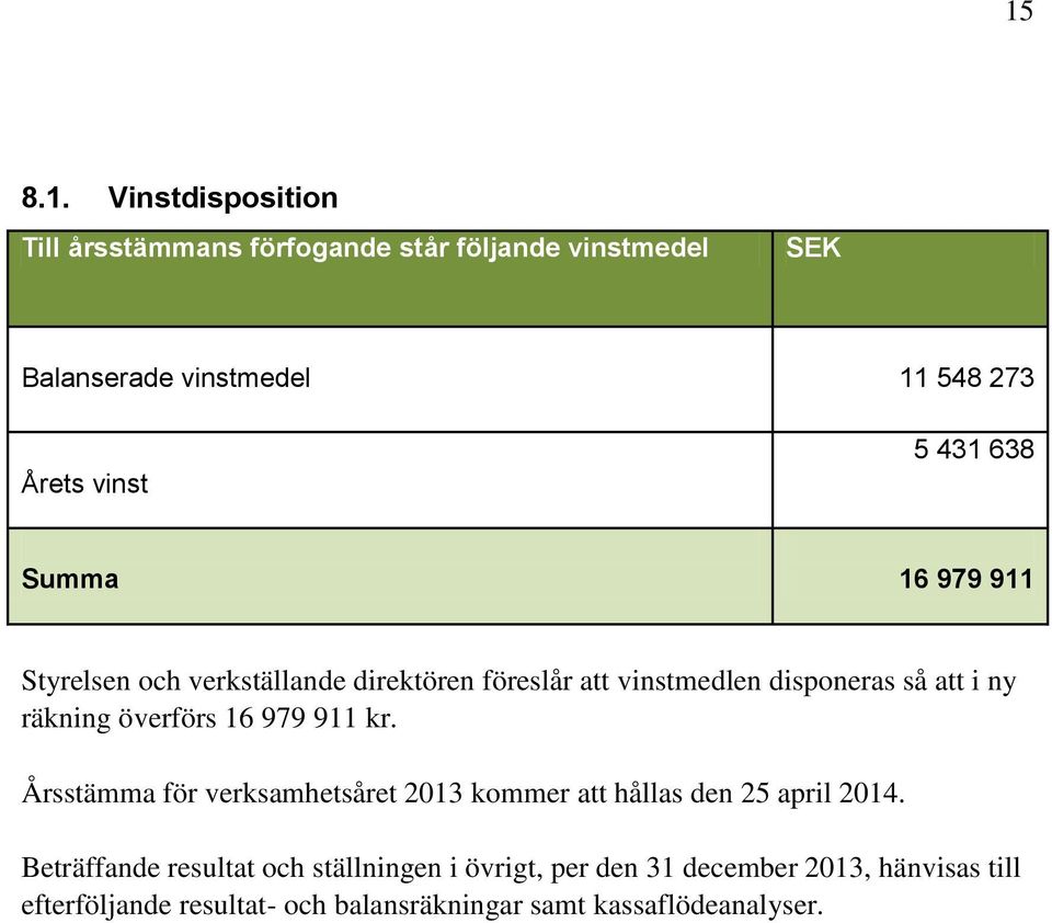 räkning överförs 16 979 911 kr. Årsstämma för verksamhetsåret 2013 kommer att hållas den 25 april 2014.