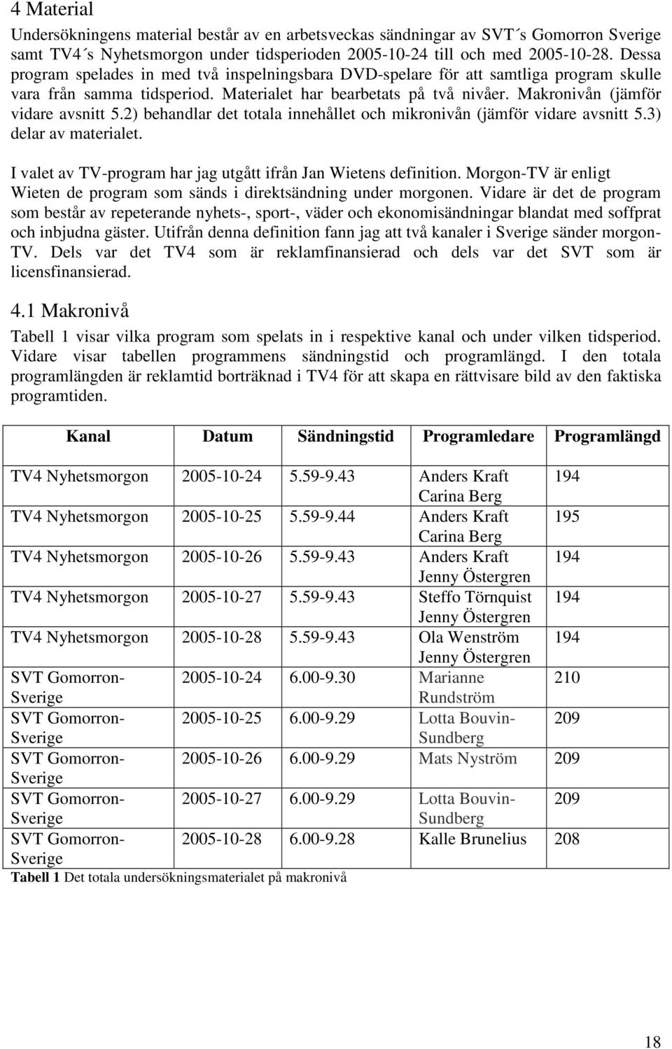 2) behandlar det totala innehållet och mikronivån (jämför vidare avsnitt 5.3) delar av materialet. I valet av TV-program har jag utgått ifrån Jan Wietens definition.