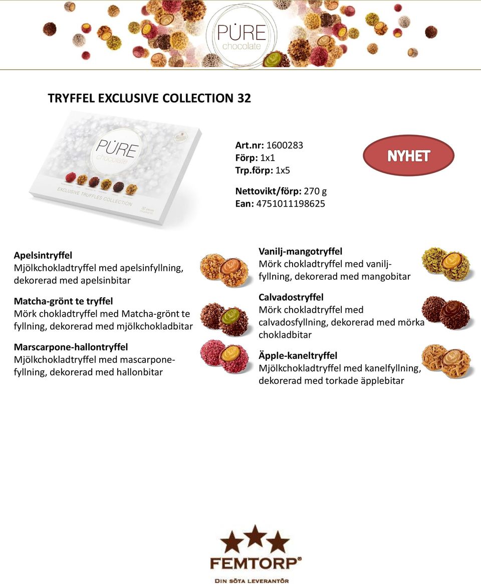 chokladtryffel med Matcha-grönt te fyllning, dekorerad med mjölkchokladbitar Marscarpone-hallontryffel Mjölkchokladtryffel med mascarponefyllning, dekorerad med