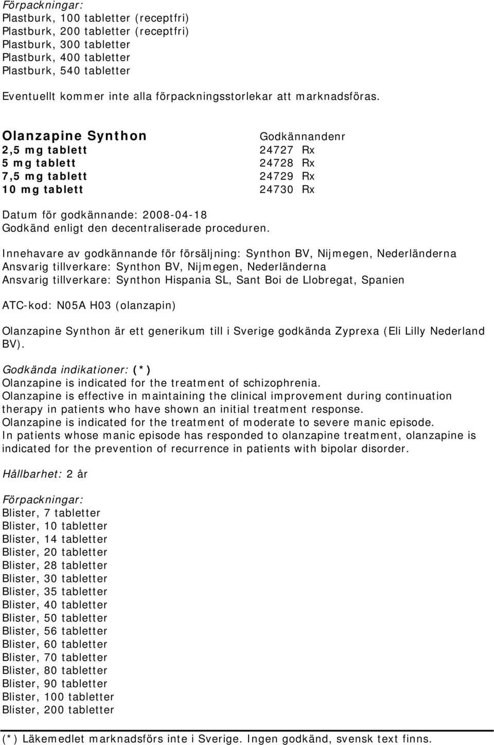 Innehavare av godkännande för försäljning: Synthon BV, Nijmegen, Nederländerna Ansvarig tillverkare: Synthon BV, Nijmegen, Nederländerna Ansvarig tillverkare: Synthon Hispania SL, Sant Boi de