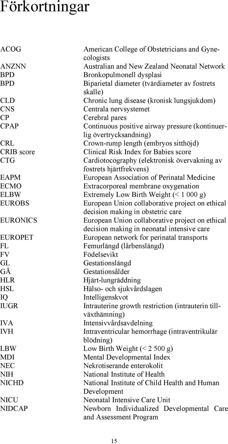 (embryos sitthöjd) CRIB score Clinical Risk Index for Babies score CTG Cardiotocography (elektronisk övervakning av fostrets hjärtfrekvens) EAPM European Association of Perinatal Medicine ECMO