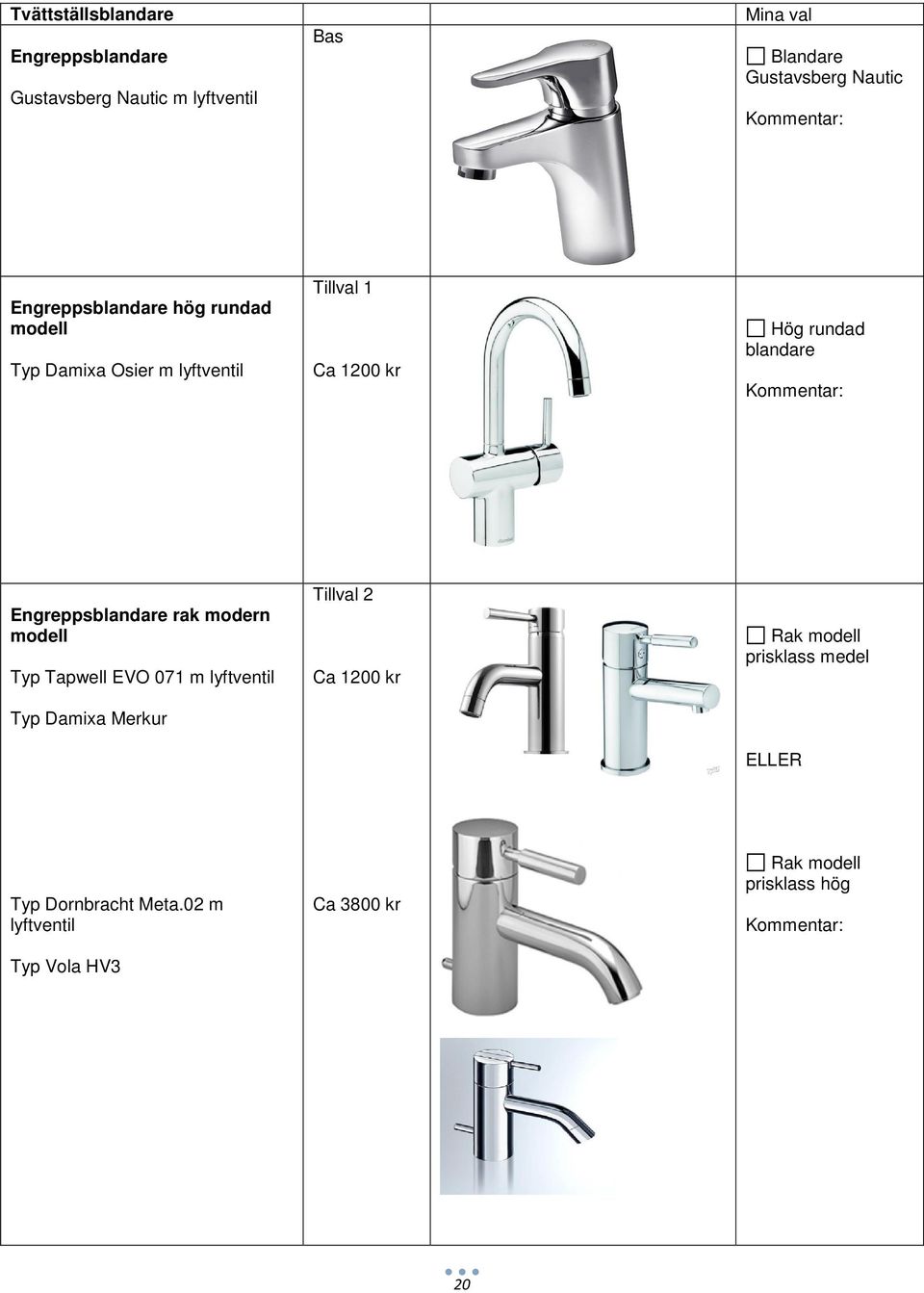 Engreppsblandare rak modern modell Typ Tapwell EVO 071 m lyftventil Typ Damixa Merkur Tillval 2 Ca 1200 kr