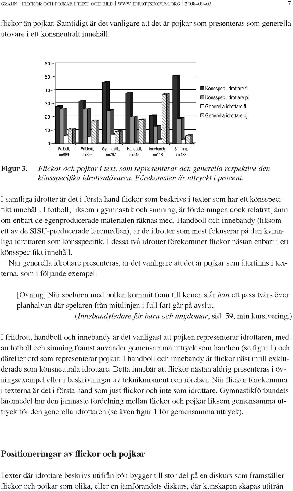 Flickor och pojkar i text, som representerar den generella respektive den könsspecifika idrottsutövaren. Förekomsten är uttryckt i procent.