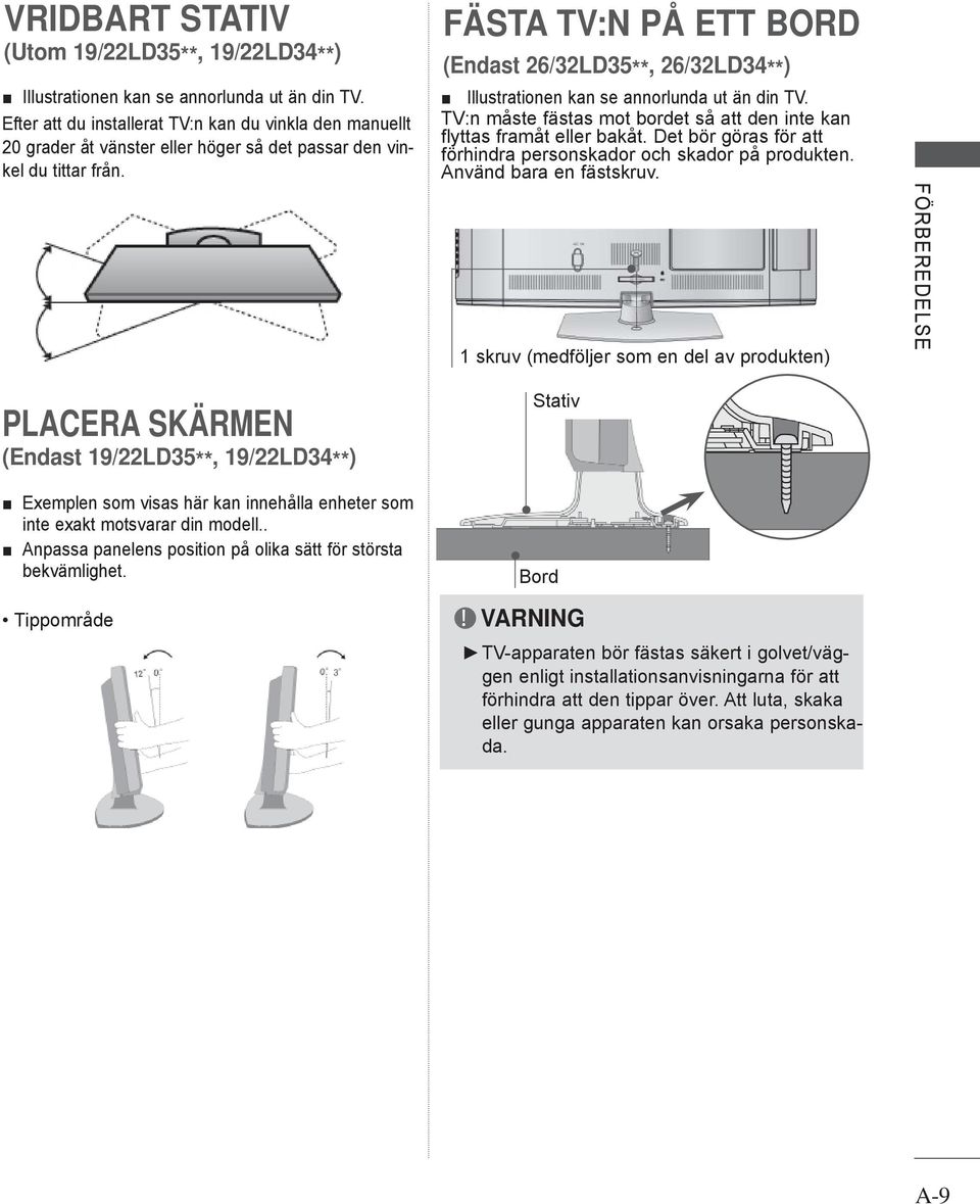 FÄSTA TV:N PÅ ETT BORD (Endast 6/LD5**, 6/LD4**) Illustrationen kan se annorlunda ut än din TV. TV:n måste fästas mot bordet så att den inte kan flyttas framåt eller bakåt.