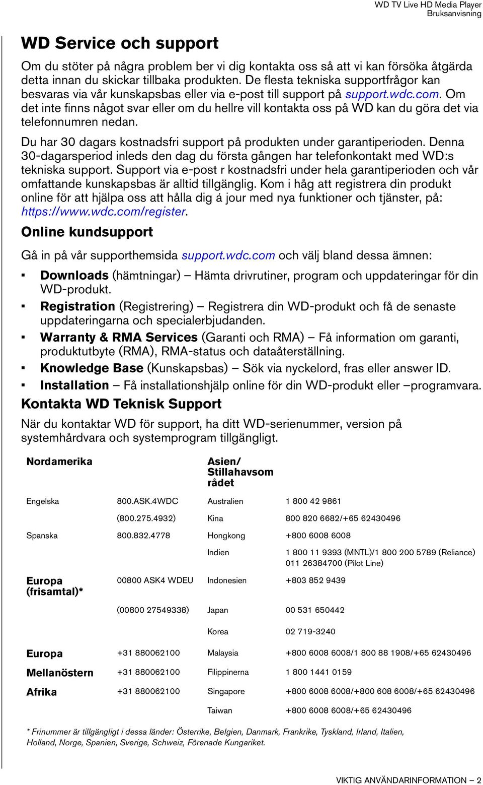 Om det inte finns något svar eller om du hellre vill kontakta oss på WD kan du göra det via telefonnumren nedan. Du har 30 dagars kostnadsfri support på produkten under garantiperioden.