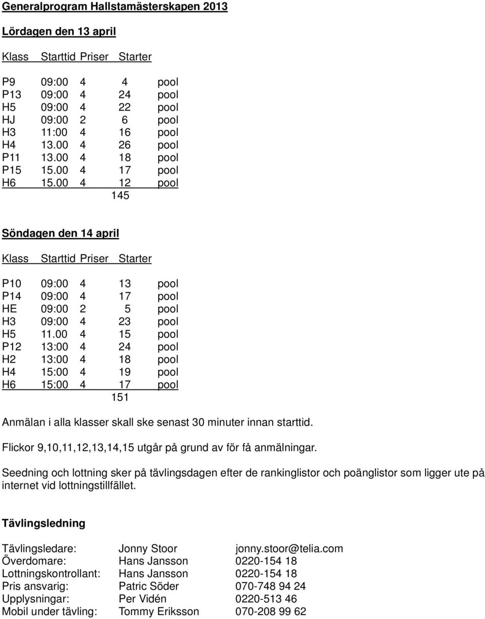 00 4 12 pool 145 Söndagen den 14 april Klass Starttid Priser Starter P10 09:00 4 13 pool P14 09:00 4 17 pool HE 09:00 2 5 pool H3 09:00 4 23 pool H5 11.