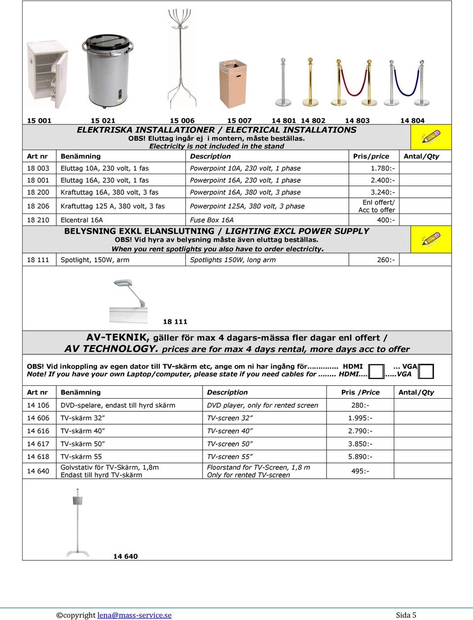 400:- 18 200 Kraftuttag 16A, 380 volt, 3 fas Powerpoint 16A, 380 volt, 3 phase 3.