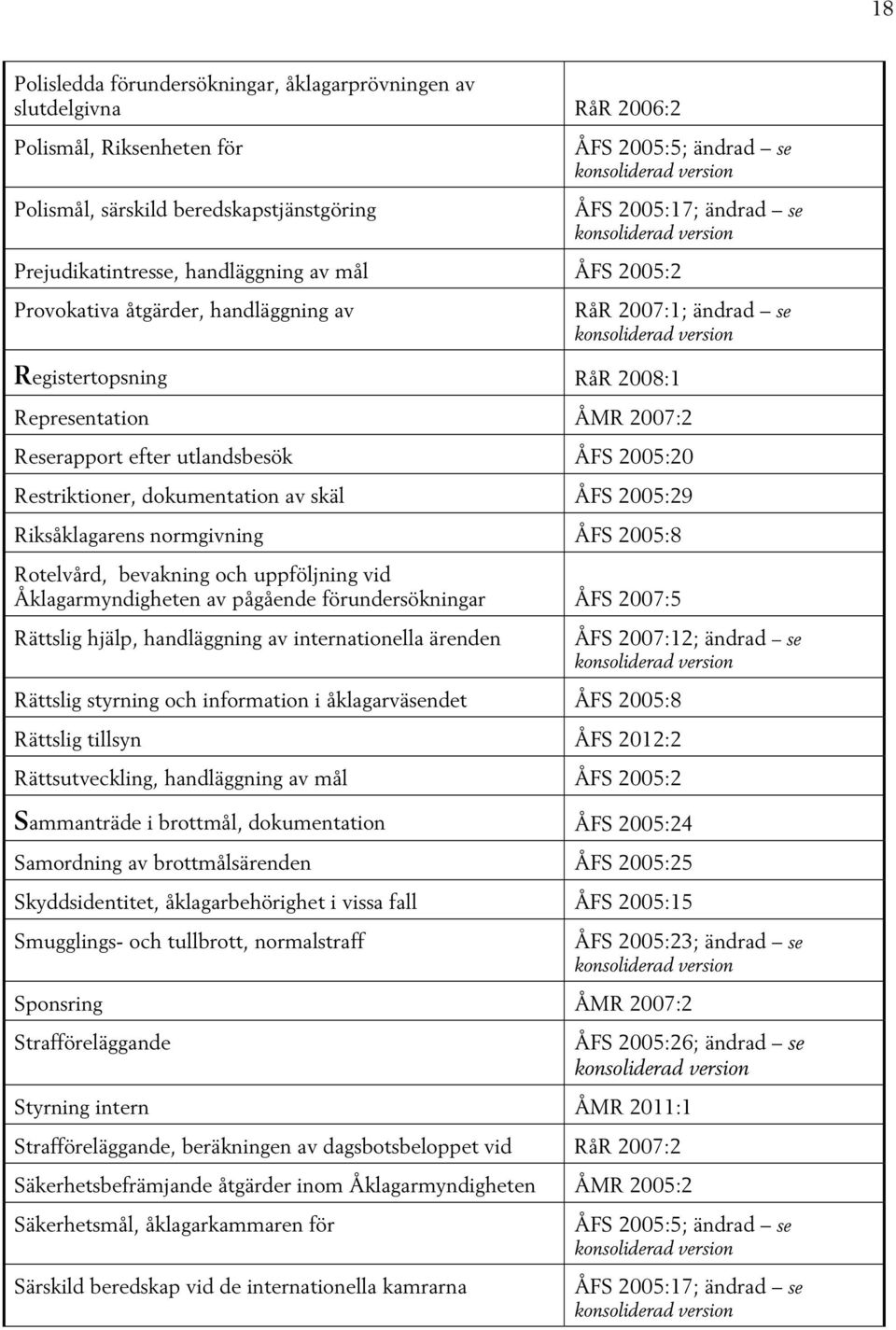 Restriktioner, dokumentation av skäl ÅFS 2005:29 Riksåklagarens normgivning ÅFS 2005:8 Rotelvård, bevakning och uppföljning vid av pågående förundersökningar ÅFS 2007:5 Rättslig hjälp, handläggning