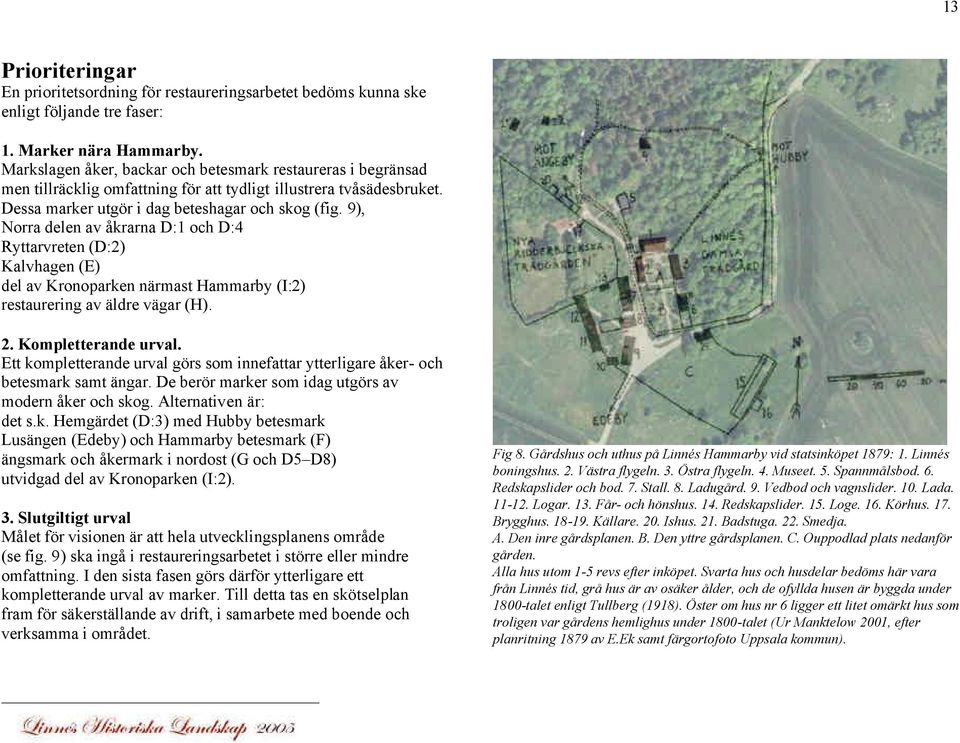 9), Norra delen av åkrarna D:1 och D:4 Ryttarvreten (D:2) Kalvhagen (E) del av Kronoparken närmast Hammarby (I:2) restaurering av äldre vägar (H). 2. Kompletterande urval.