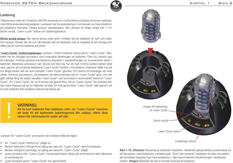 Dessa lampor representerar, från vänster till höger enligt bild 1-10; Ström av/på, Learn cycle status och laddningsstatus.