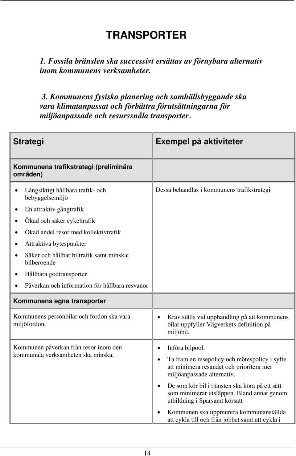 Strategi Exempel på aktiviteter Kommunens trafikstrategi (preliminära områden) Långsiktigt hållbara trafik- och bebyggelsemiljö En attraktiv gångtrafik Ökad och säker cykeltrafik Ökad andel resor med